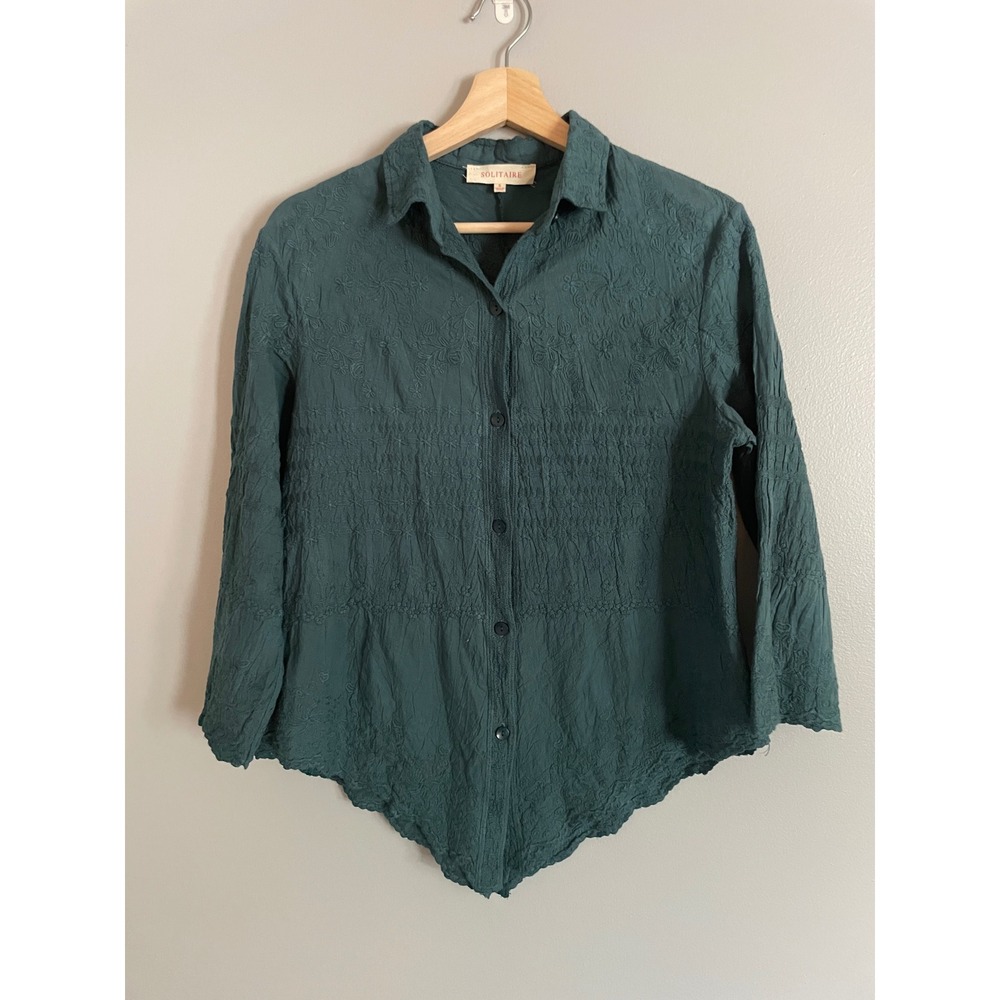 Solitaire Button Down Top Romantic Small Teal Green Embroidered Smocked‎ Boho